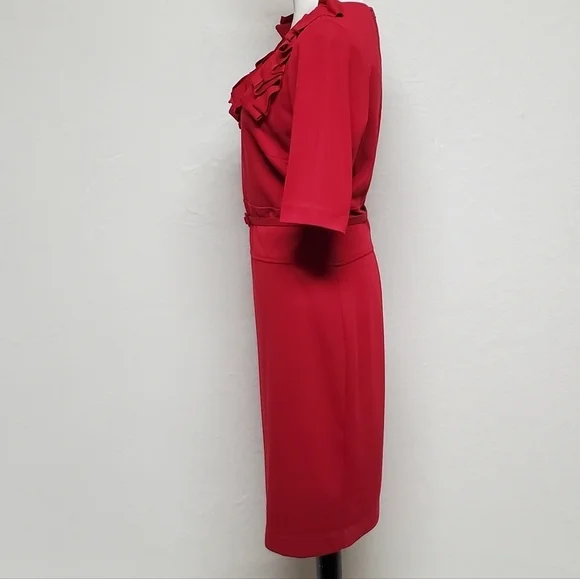 Retro Julian Taylor Red Front Ruffle Scoop Neck Belted Short Sleeve Midi Dress - Picture 7 of 15